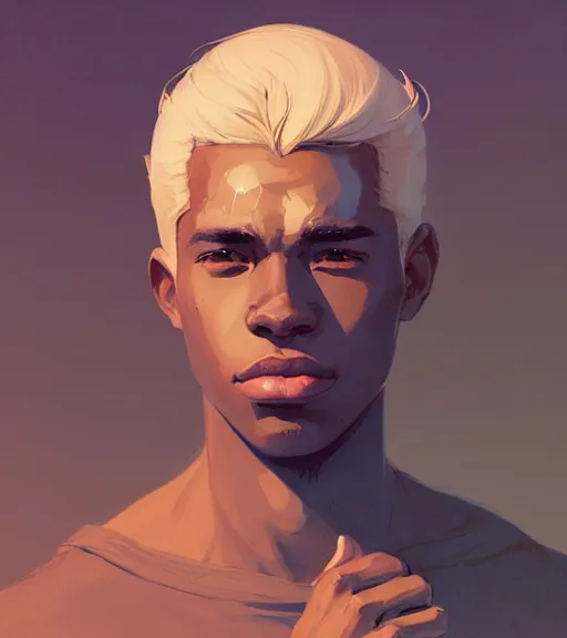 Image similar to portrait of a young man, raised on the island, dark skin, white hair, face tatooes by atey ghailan, by greg rutkowski, by greg tocchini, by james gilleard, by joe fenton, by kaethe butcher, dynamic lighting, gradient light blue, brown, blonde cream and white color scheme, grunge aesthetic