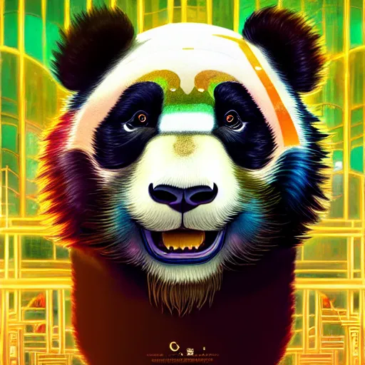 Image similar to a beautiful hyperdetailed character design 4 k wallpaper illustration of a cute panda with a chinese lion dance head victo ngai cyberpunk style, from china, style of studio ghibli, makoto shinkai, raphael lacoste, louis comfort tiffany, artgerm, james jean, ross tran, chinese style