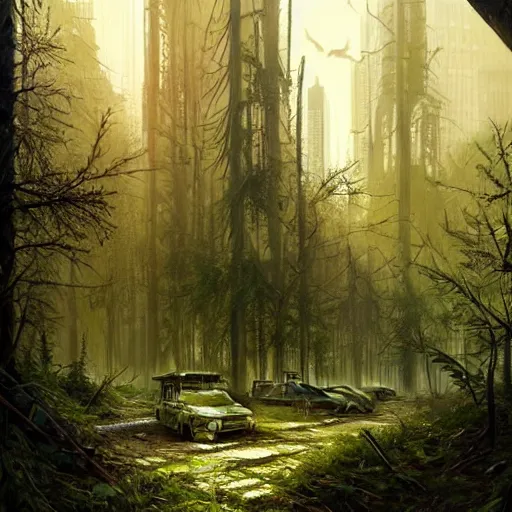 Image similar to postapocalyptic city of munich!!!, wild forest!!! vegetation!!!, hyperrealistic, highly detailed, cinematic, sunny light, beautiful, cgssociety, artstation, 8 k, oil painting by greg rutkowski, by artgerm, by wlop