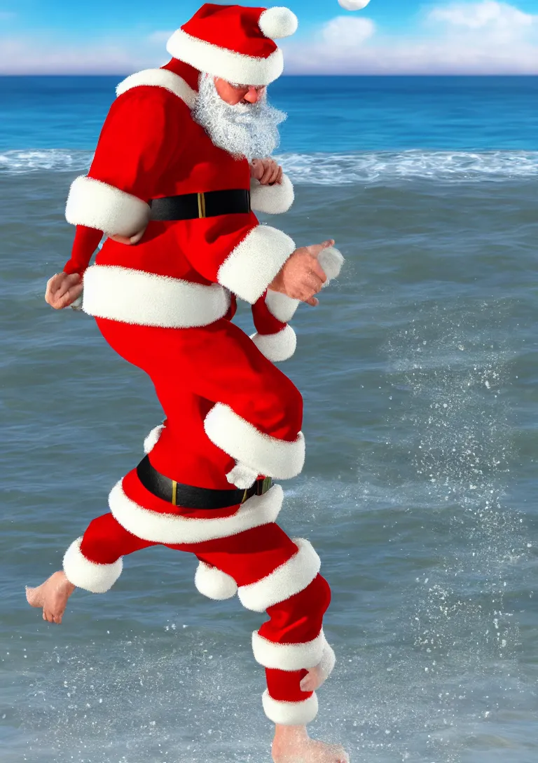 Image similar to portrait of santa claus wearing shorts surfing on the beach, 3d rendering of photo realistic image, super detailed, 4K,cinematic look