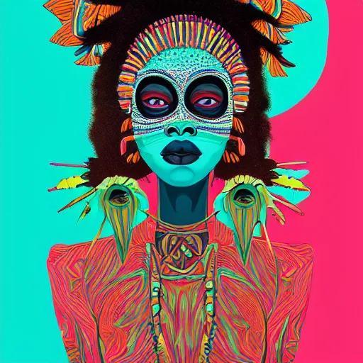 Prompt: Georgia Anne Muldrow, VWETO II, album art, 1970s, turquoise, side portrait, tribal mask inside mask, animalia, afro-psychedelia, afrocentric mysticism, in the style of Harumi Hironaka