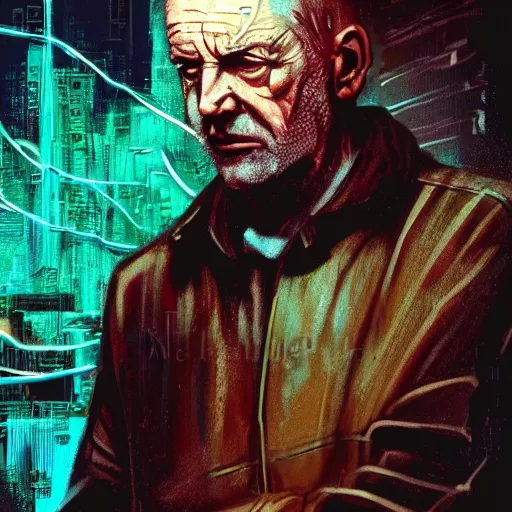 Prompt: Armitage from the novel Neuromancer, washed up, old ex military, old man, portrait shot, wires, cyberpunk, dramatic light, cyberpunk city in the background, movie illustration, poster art by Drew Struzan