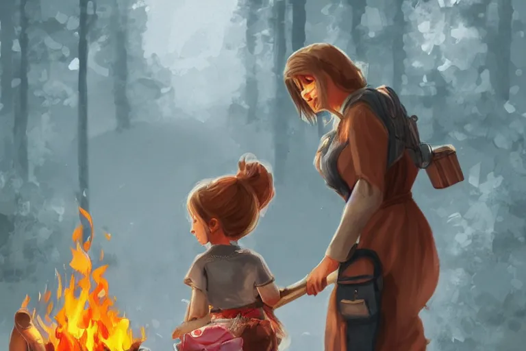 Image similar to a housewife hurries up to pack daughter's things, surrounded with fire, digital art, trending on artstation