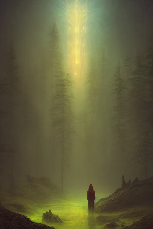 Image similar to VAST FOREST, dreamlike, psychedelic, otherworldly, weird, cyberpunk, vaporware, interesting details, volumetric lighting, dramatic, fantasy, by Moebius, by zdzisław beksiński, ARTGERM, Fantasy LUT, epic composition, 8k,