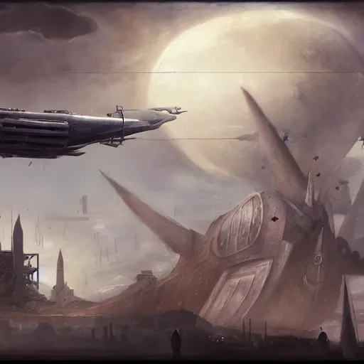 Image similar to a brutalist painting of a large steampunk airship getting shot down in the sky, by charlie bowater, 4 k