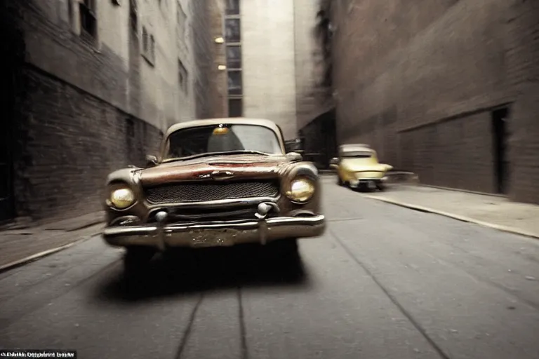 Prompt: blur photography by saul leiter, in a narrow new york sunlit alley, award winning photo of an ultra detailed intricate dirty vintage ford car speeding very fast on mud, fast shutter speed, motion blur, tiny gaussian blur, highly detailed, highly intricate, depth of field, trending on top gear