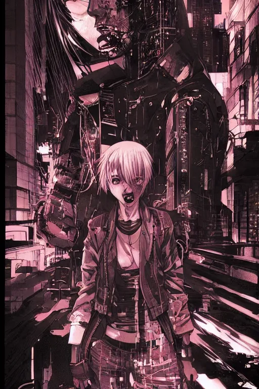 Prompt: professionally drawn 9 0 s seinen cyberpunk horror action manga comic cover, full color, beautiful coherent professional, drawn by ilya kuvshinov, ilya kuvshinov, and hiromu arakawa and tsutomu nihei. japanese script on the cover. award - winning manga.