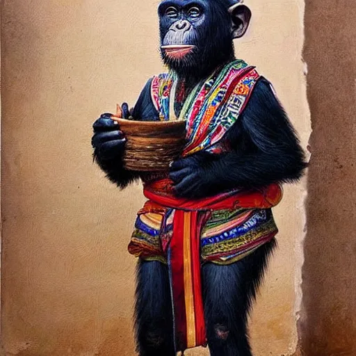 Prompt: beautiful painting by sophie anderson of a chimpanzee wearing traditional men kurdish clothes baggy pants and white shirt with a large sash tied around the waist in a kurdish village, award winning art, insanely detailed, bright colors, global illumination, cute, young, stunning