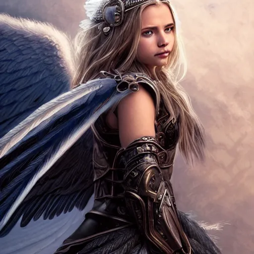 Prompt: portrait of young aasimar angel valkyrie warrior girl maiden wearing comfy leather armor with beautiful feathered angel wings, blue eyes, Chloe Moretz, Natalie Portman, Emily Ratajkowski, innocent, intricate, elegant, highly detailed, ultradetailed, hyperdetailed, artstation, concept art, smooth, sharp focus, illustration, art by artgerm and greg rutkowski and Rossdraws and Bluesssatan and Mandy Jurgens