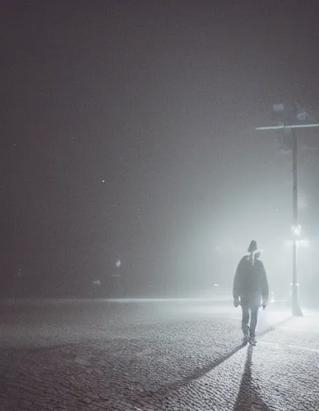 Image similar to film photograph of vagrant at night volumetric fog