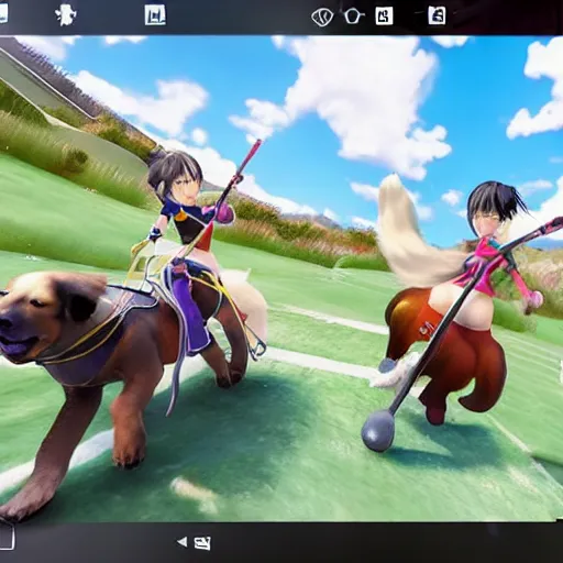 Image similar to screenshot from a 3 d video game about anime girls riding giant dogs