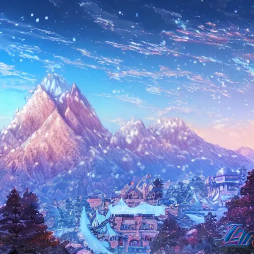 Image similar to the aesthetic view of the beautiful, grand, wistful, dreamy snowcapped mountain at dusk, hyperrealistic anime illustration by iralki nadar, colorful, extremely detailed, intricate linework, super sharp focus, bright colors, octopath traveler, studio ghibli, unreal engine 5 highly rendered, global illumination, radiant light, detailed and intricate environment