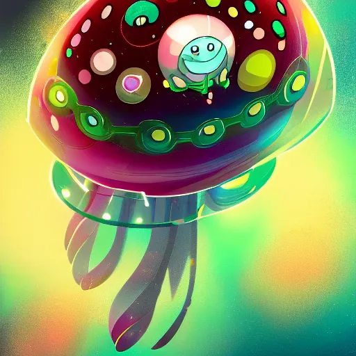 Image similar to Cartoon network Steven Universe design of a cute damaged mechanical jelly fish spaceship flying in hyperspace, beautiful clear detailed 8k digital art, by Amin Faramarzian Artstation