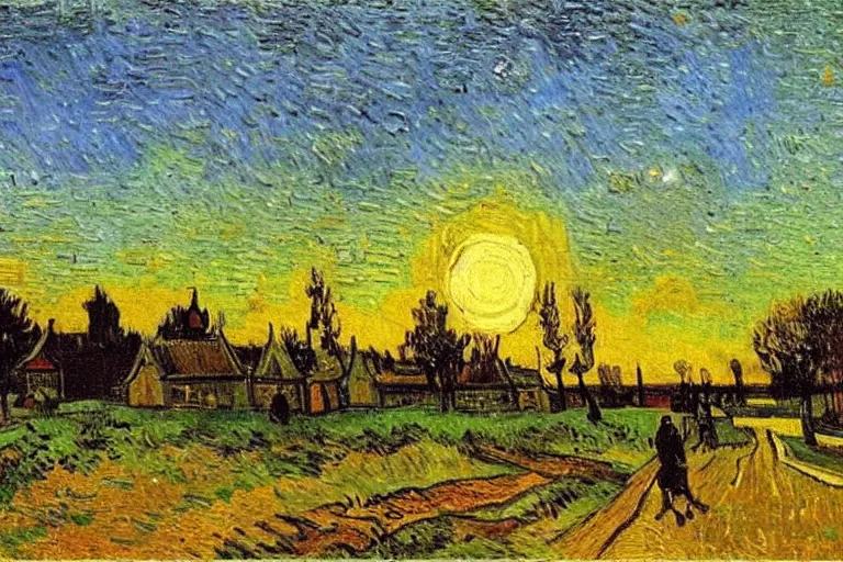 Prompt: oil painting of a Dutch landscape called het Beuven in Someren, by sunset, painted by Vincent Van Gogh
