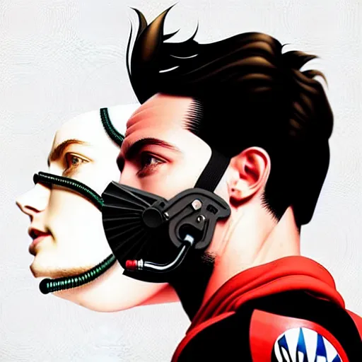 Image similar to a portrait of a man :: side profile blood :: background sea :: intricate details :: oxygen mask :: 3d render :: MARVEL comics and Sandra Chevrier