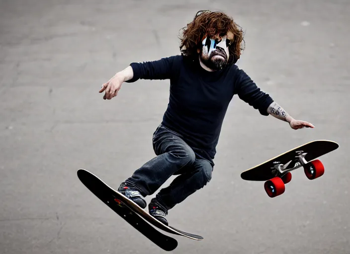 Image similar to dslr photo still of peter dinklage on a skateboard flying through the air, 4 k, 1 2 0 mm f 1 6