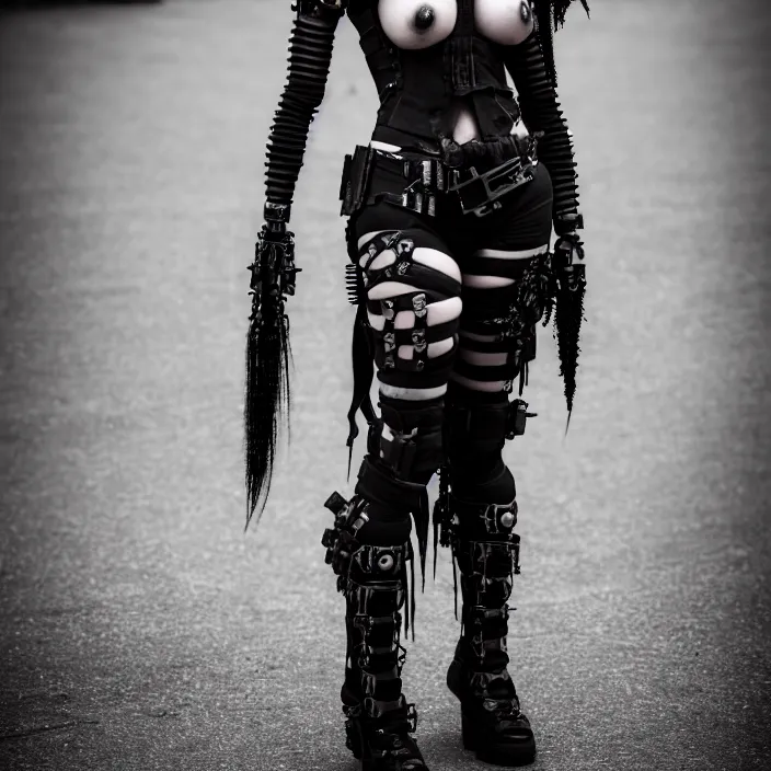 Prompt: full body photograph of a very beautiful cybergoth warrior. extremely detailed. dslr. 8 5 mm.