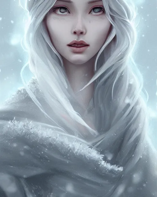 Image similar to portrait of a beautiful snow goddess, flowy white grey hair, grey eyes, winter, frozen, snow, cinematic lighting, highly detailed, digital painting, trending on artstation, pixiv, concept art, sharp focus, illustration, art by ross tran and wlop