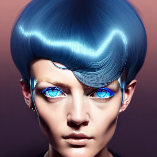 Image similar to woman with extremely large and intricate haircut with friendly blue eyes and slim features looking askance, eye cyberpunk bionics, retro futurist style, intricate, elegant gleaming jewelry, angelic halo, highly detailed, digital painting, artstation, concept art, smooth, sharp focus, illustration, art by wlop, mars ravelo and greg rutkowski,