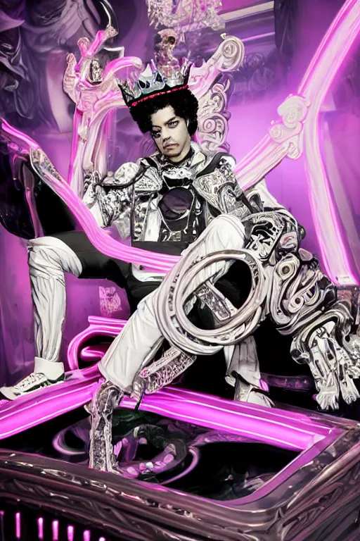 Image similar to full-body rococo and cyberpunk style neon statue of a young attractive Cubano macho dotado e rico android sim roupa reclining con las piernas abertas e la piroca dura, glowing white laser eyes, prince crown of mint gears, pink diamonds, swirling black-colored silk fabric. futuristic elements. black flowing tar. full-length view. space robots. human skulls. intricate artwork by caravaggio. Trending on artstation, octane render, cinematic lighting from the right, hyper realism, octane render, 8k, depth of field, 3D