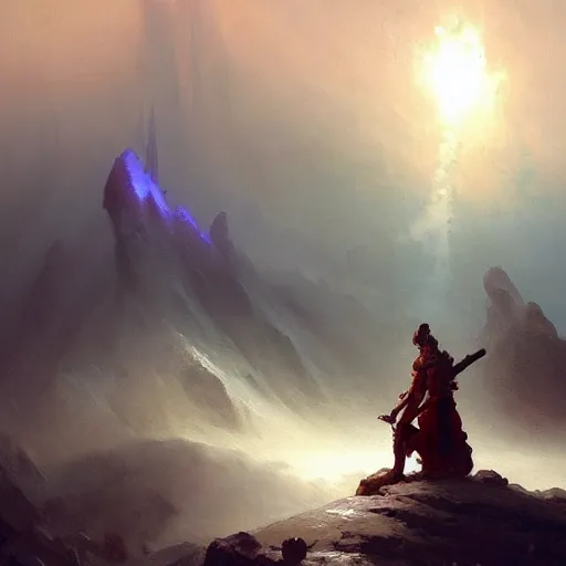 Image similar to a human with ancient sword who can kill gods is going to kill the viking god on a blizzard hills made by ivan aivazovsky, peter mohrbacher, greg rutkowski volumetric light effect broad light oil painting painting fantasy art style sci - fi art style realism premium prints available artwork unreal engine