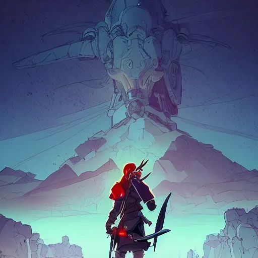 Prompt: cell shaded cartoon, warrior watching the sunrise over a battlefield,, illustration, wide shot, subtle colors, concept art by josan gonzales and wlop, laurie greasley, jordan grimmer and james jean, highly detailed, sharp focus, trending on artstation, hq, deviantart, art by artgem, in the style of breath of the wild