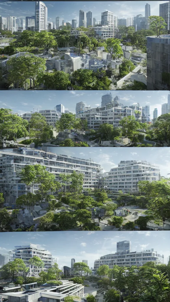 Image similar to 5 - panel comic page layout. crowd talking about sustainable futuristic building in a urban setting. ultrarealistic matte painting on white page. the building has many deep and tall balconies covered in plants and trees. thin random columns, large windows, deep overhangs. plants hang from balconies. greeble articulated details with plants. 8 k, uhd.