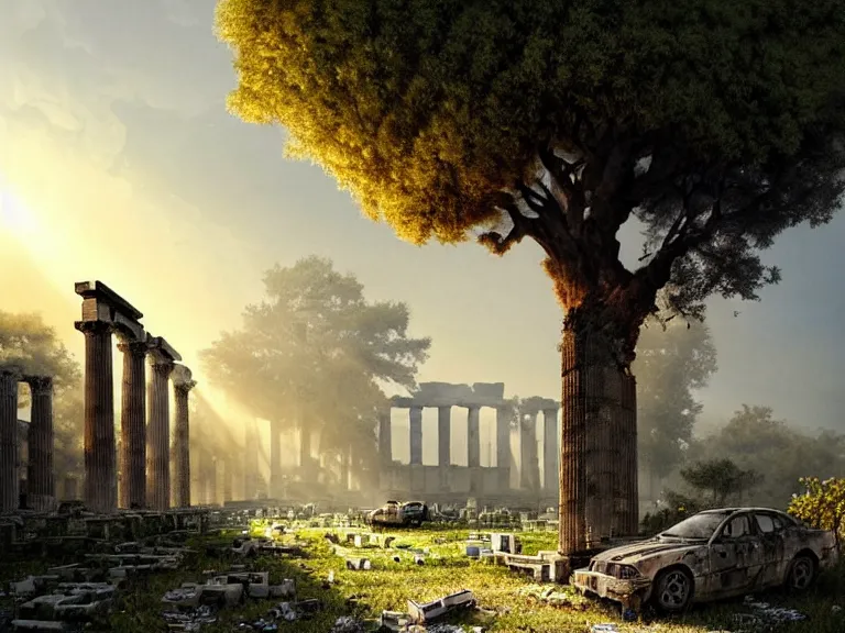 Image similar to tree growing in ancient greek ruins, gray wasteland, many scrap cars, plastic waste, rubble, pillars, flowers, vines, hyperrealistic, highly detailed, cinematic, single ray of golden sunlight, beautiful, cgssociety, artstation, 8 k, oil painting by greg rutkowski, by artgerm, by wlop