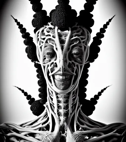 Image similar to a black and white high quality photo of a young beautiful female queen-vegetal-dragon-cyborg bust with a very long neck and Mandelbrot fractal face, Mandelbrot fractal skin, flesh, anatomical, facial muscles, veins, arteries, elegant, highly detailed, flesh highly baroque ornate, hair are wired cables, elegant, high fashion, rim light, octane render, in the style of Cindy Sherman, Realistic, Refined, Digital Art, Highly Detailed, Cinematic Lighting, rim light, black and white, photo-realistic, 8K