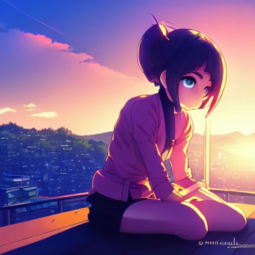 Image similar to digital anime art in the style of netflix arcane, cute female ninja sitting on an old japanese roof at golden hour, soft azure blue eyes, sincere smile, close up, wlop, ilya kuvshinov, backlit