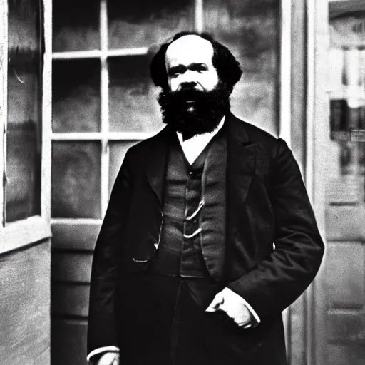 Image similar to Karl Marx dressed as a Starbucks Barista, photograph