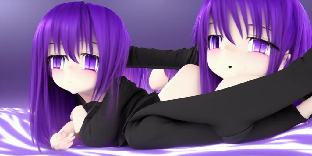 Image similar to A render of a cute young 3D anime girl with long violet hair, she is laying on her back, top down camera angle pointing at her face, she is wearing a long flowing black reaper hood with black pants, a bloody scythe is laying next to her foot, in a busy street, laying on her back, full body, dark and moody lighting, night time