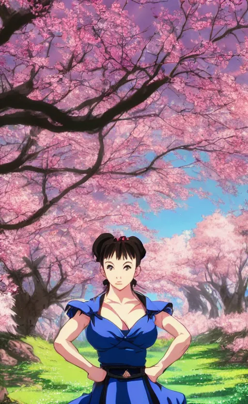 Image similar to an ultrawide photo of chun li standing in front of sakura trees, studio ghibli concept art, detailed face, beautiful face, beautiful eyes, beautiful lighting, hdr, 4 k