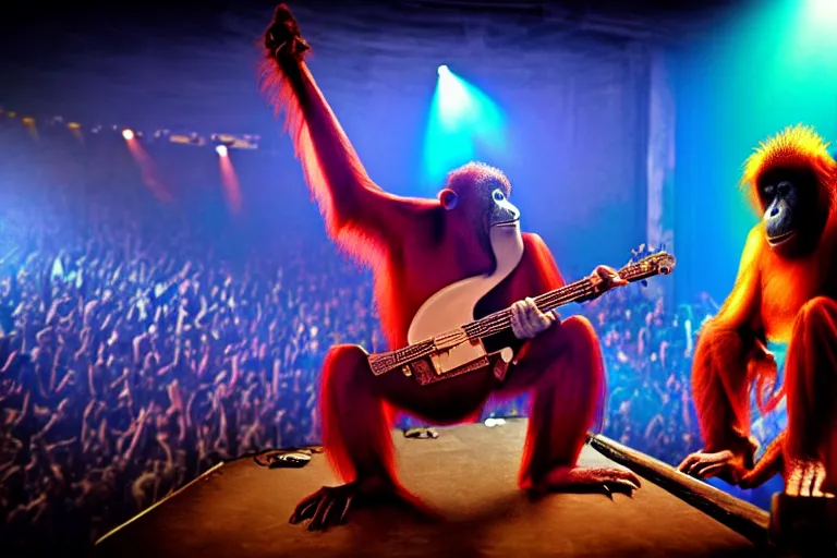 Image similar to vfx film, singing orangutan rockstar onstage band concert, flat color profile low - key lighting award winning photography arri alexa cinematography, big crowd, hyper real photorealistic cinematic beautiful, atmospheric cool colorgrade