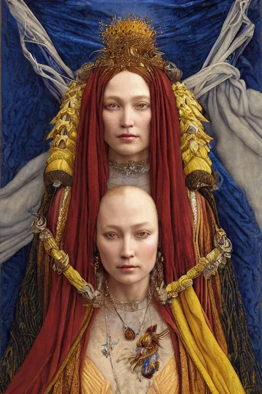 Image similar to coronation portrait of the queen of the dawn mountains, by Donato Giancola and John Bauer and John William Godward and Vermeer, embroidered velvet, iridescent beetles, rich color, ornate headdress, flowing robes, lost runes, ancient civilizations, dramatic cinematic lighting, featured on Artstation, cgisociety, unreal engine, extremely detailed