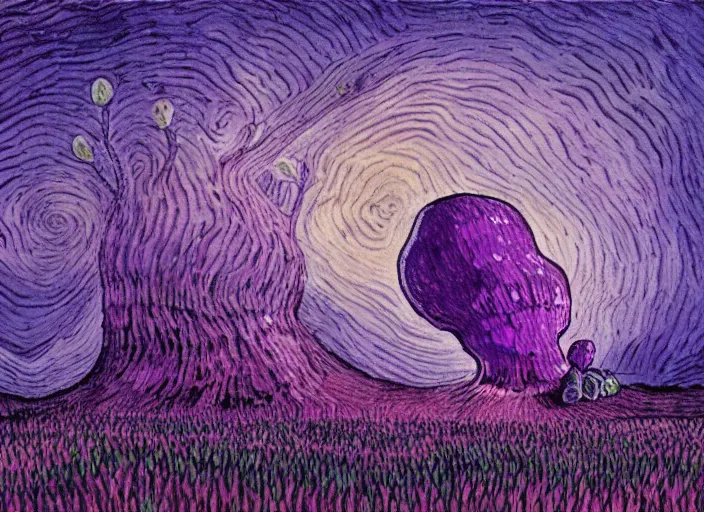 Image similar to detailed painting of a fungal house made of a giant purple mushroom, mystical dark purple landscape at night, dark purple sky, blue bioluminescent life, in the style of moebius and studio ghibli and vincent van gogh and claude monet