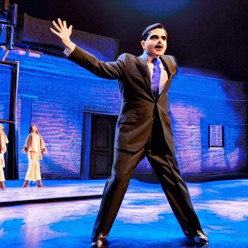 Image similar to award winning Production photo of Ben Shapiro the musical on broadway, dancing, singing, costumes by Julie Taymor, set design by Julie Taymor