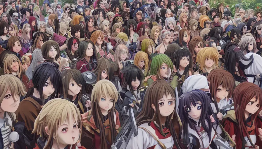 Image similar to jesus christ our lord standing in the front leading an army of cute anime girls into battle, photorealistic, anime, realistic faces, mini skirt, long hair, lightly dressed, renaissance painting, hyper real, detailed, closeup shot, ultra detailed