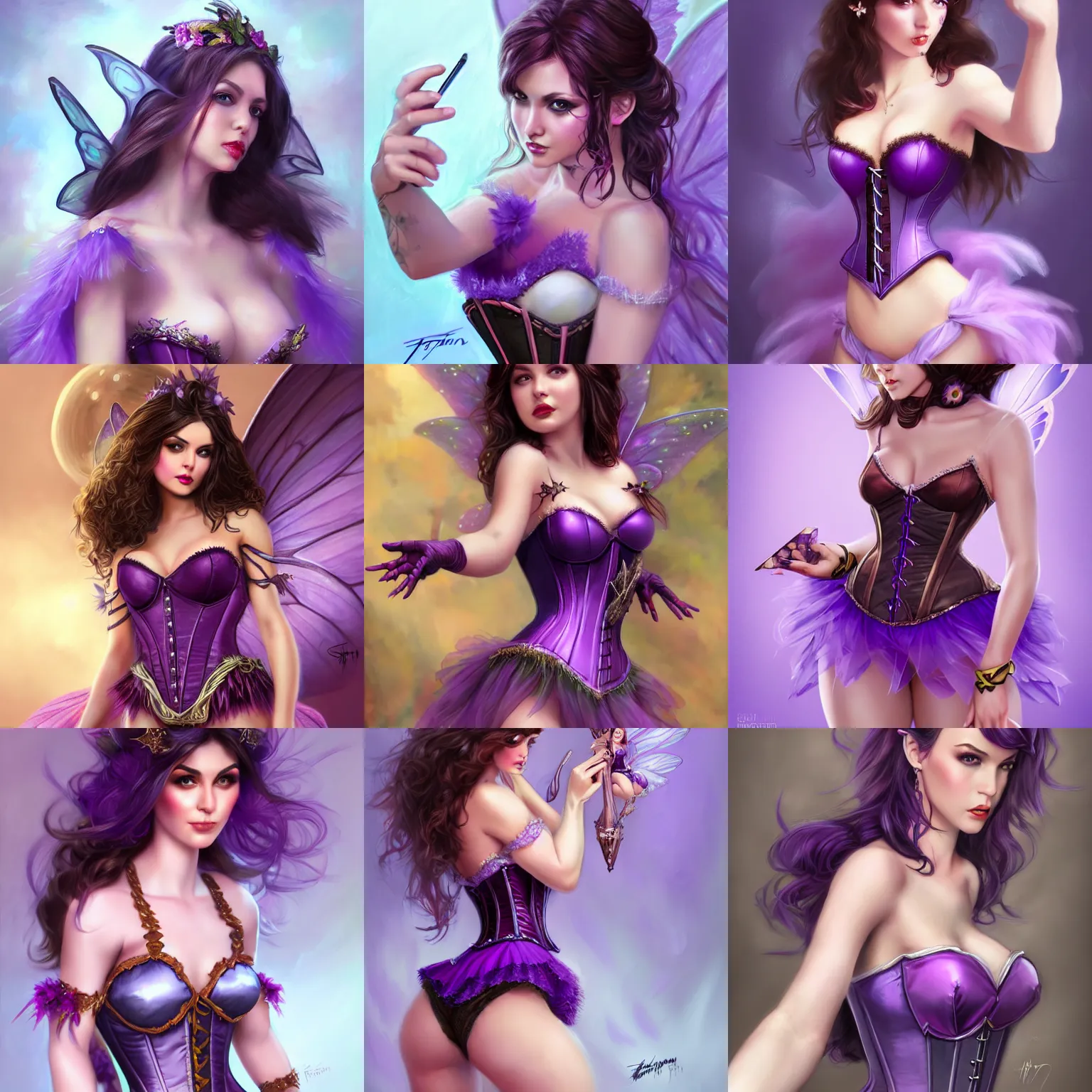 Prompt: brunette fairy woman, wearing purple corset and tutu, selfie shot angle, d & d, fantasy, highly detailed, digital painting, trending on artstation, concept art, sharp focus, illustration, art by artgerm and rosstran