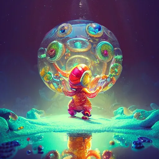 Image similar to macro, candy creature in candyland, water reflection, night, backlit, warm tones, bioluminescent : by michal karcz, daniel merriam, victo ngai and guillermo del toro : ornate, dynamic, particulate, intricate, elegant, highly detailed, centered, artstation, smooth, sharp focus, octane render