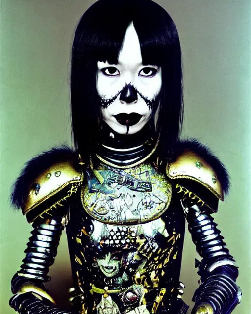 Image similar to portrait of a skinny punk goth yayoi kusama wearing armor by simon bisley, john blance, frank frazetta, fantasy, thief warrior, psychedelic fur