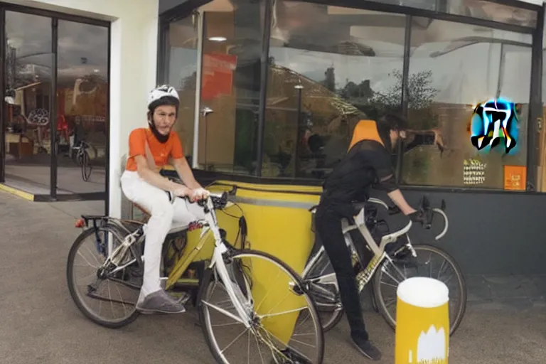 Image similar to cyclist in toilet!!! inside mcdonalds is eating donuts!!! and drinking yerba!!! mate