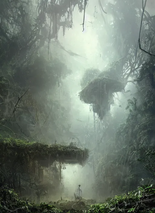 Image similar to decayed aircraft carrier USS Nimitz laying on the ground overgrown with vegetation and hanging vines, post apocalyptic, tropical forest, by Luis Royo, by Greg Rutkowski, low angle shot, dark, gritty, intricate, cover illustration, concept art, volumetric lighting, volumetric atmosphere, sharp focus, octane render, trending on artstation, 8k