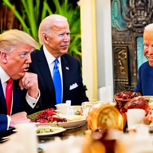 Image similar to Trump and Biden having dinner at a fancy Balinese restaurant, award winning photography, sigma 85mm Lens F/1.4, blurred background, perfect faces