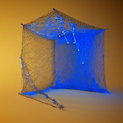 Prompt: crystal hung in a fine chain net, crystal shining with an inner blue radiance, realistic, octane render