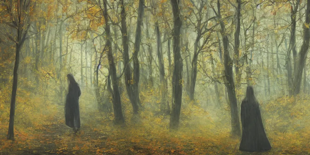 Prompt: a girl in an autumn forest, yellow and green tones, by Aron Wiesenfeld, wolf, cinematic, detailed illustration, nature, fog, dark colors, suspense, intricate, 8k