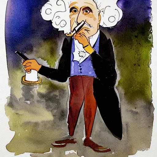 Image similar to portrait of old gray - haired smart mexican magician smoking a pipe, lots of smoke. watercolor with pancil by hugo pratt.