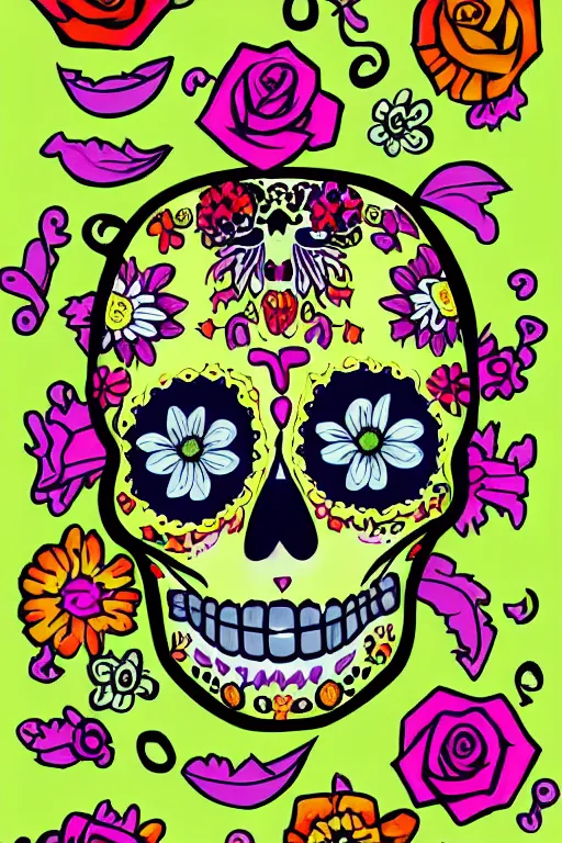 Image similar to illustration of a sugar skull day of the dead girl, art by meow wolf