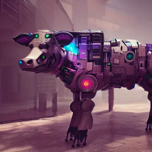 Image similar to cyberpunk style robotic cow, high detail, digital art, concept art, octane render, unreal render 4 k