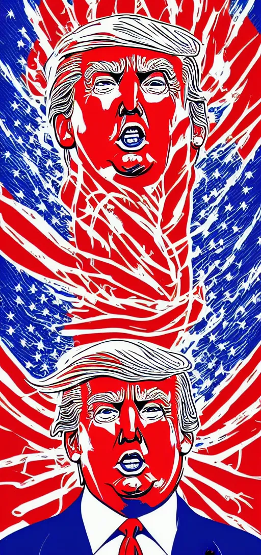 Prompt: donald trump trumpwave apotheosis poster in the style of communist russian propaganda art and alex grey, with bold colors and contrast, patriotic, red white and blue, nationalist, stoic, heroic